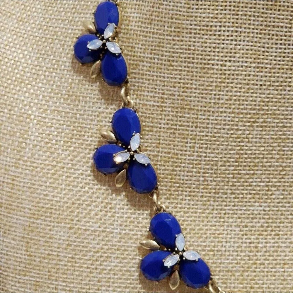 J.‎ Crew Cobalt Blue Floral Cluster Statement Necklace Gold Tone Adjustable Link